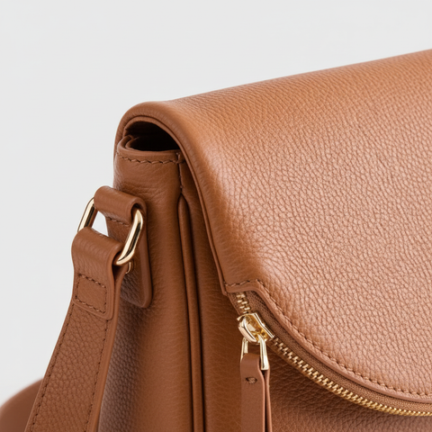 Welare Italian Leather Foldover Crossbody Bag - Leather Detail Close-up White Background
