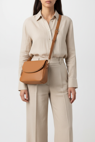 Welare Italian Leather Foldover Crossbody Bag Tan - Model Wearing Crossbody White Background