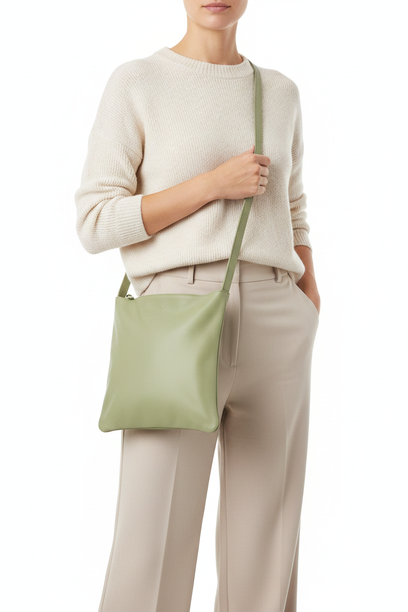 Welare Lightweight Leather Crossbody Bag Sage Green Model Wearing Crossbody White Background