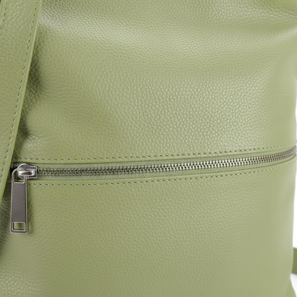 Welare Lightweight Leather Crossbody Bag Sage Green Pebbled Leather Zipper Detail Close-up