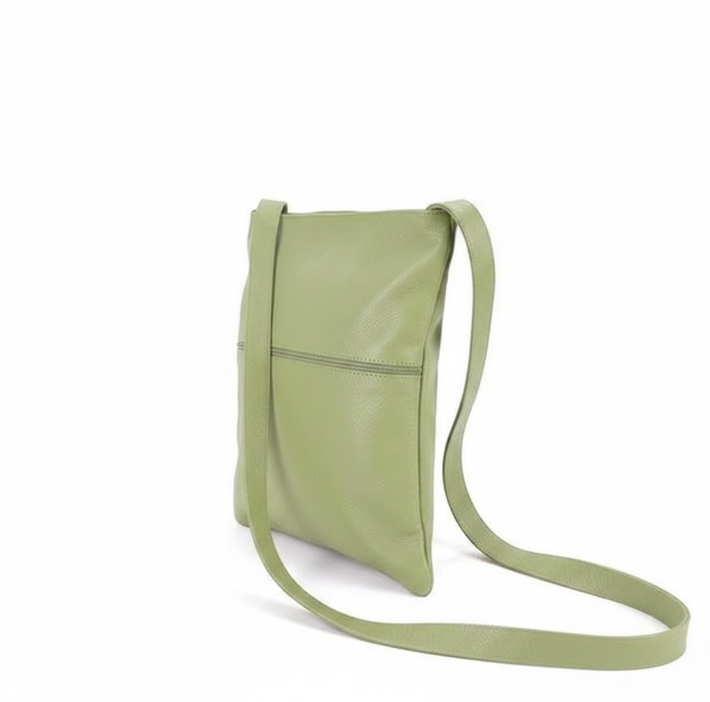 Welare Lightweight Soft Pebbled Leather Crossbody Bag Sage Green Side View White Background