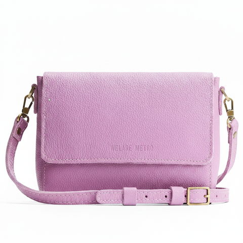Welare Metro Full-Grain Pebbled Leather Crossbody Bag Lilac Front View White Background