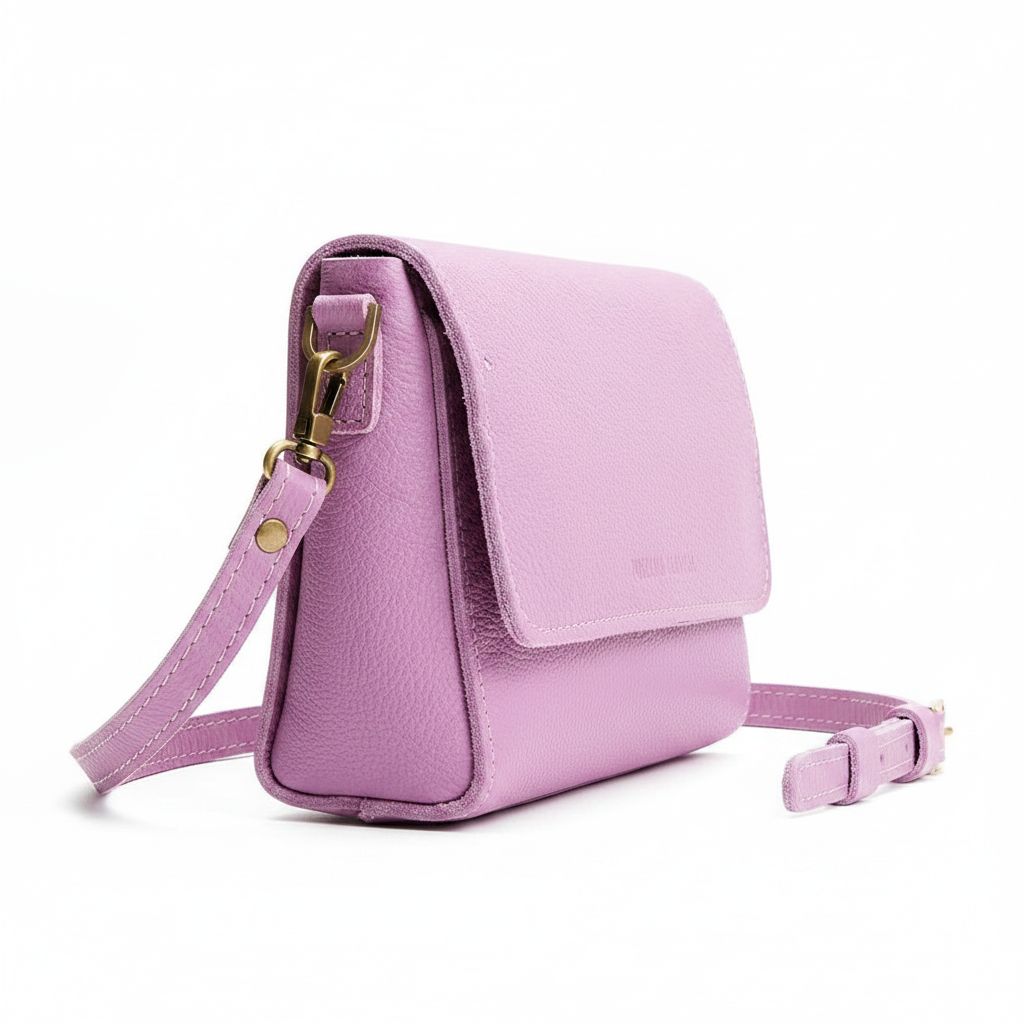 Welare Metro Full-Grain Pebbled Leather Crossbody Bag Lilac Side Angle View White Background