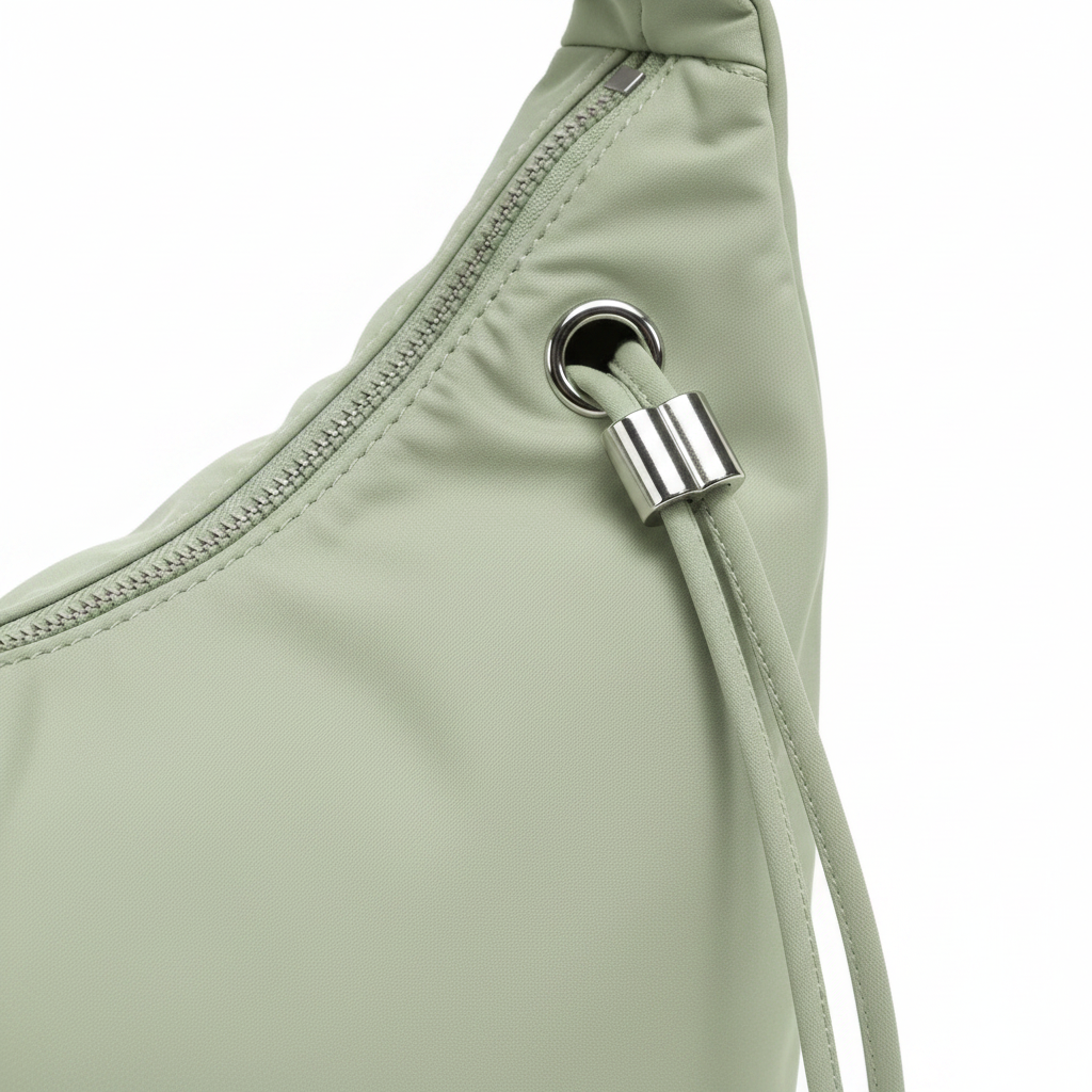Welare Featherlight Leather Shoulder Bag Sage Green Drawstring Toggle Zip Detail Close-up
