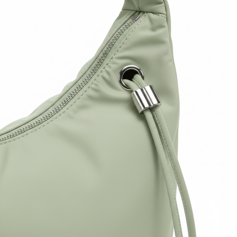 Welare Featherlight Leather Shoulder Bag Sage Green Drawstring Toggle Zip Detail Close-up